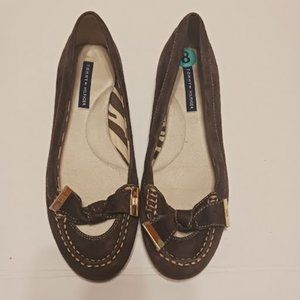 TOMMY HILFIGER Brown Genuine Suede Leather Flat Loafers with Bows, Sz 8, Used
